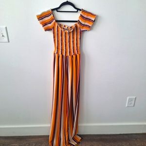 J for Justify Mustard Striped Off The Shoulder Pant Jumpsuit Small
